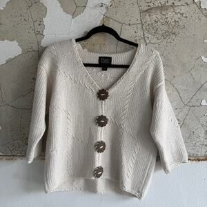 Handknit Cardigan Womens S/M Ivory Cotton Chunky Knit Sweater Oversized Buttons